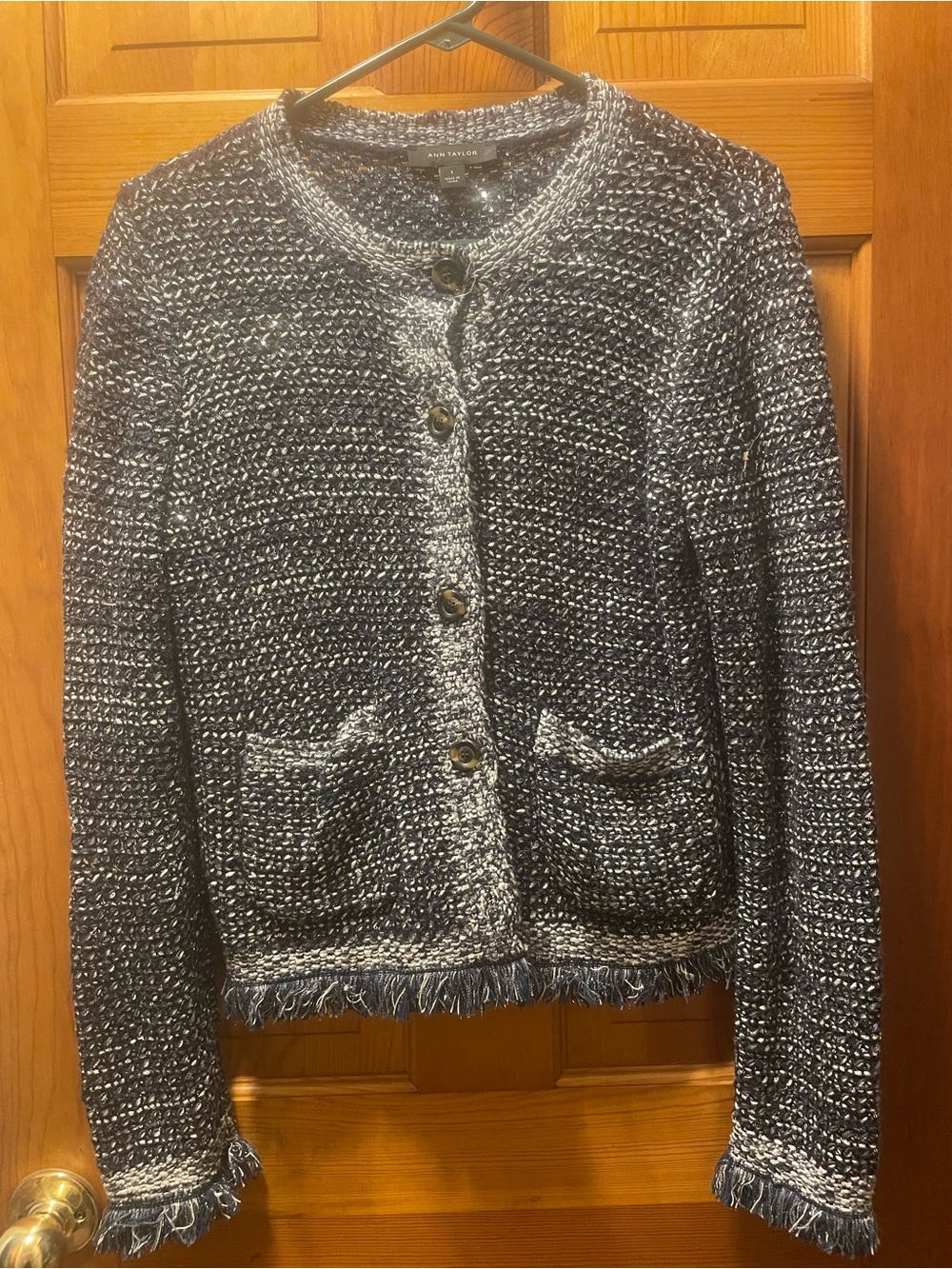 Ann Taylor Navy & White Bouclé Fringe Button Front Cardigan